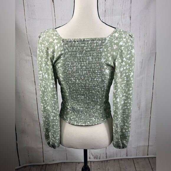 Abercrombie & Fitch Sage Green Floral Blouse Top Ruched Front Elastic Back - Picture 3 of 10